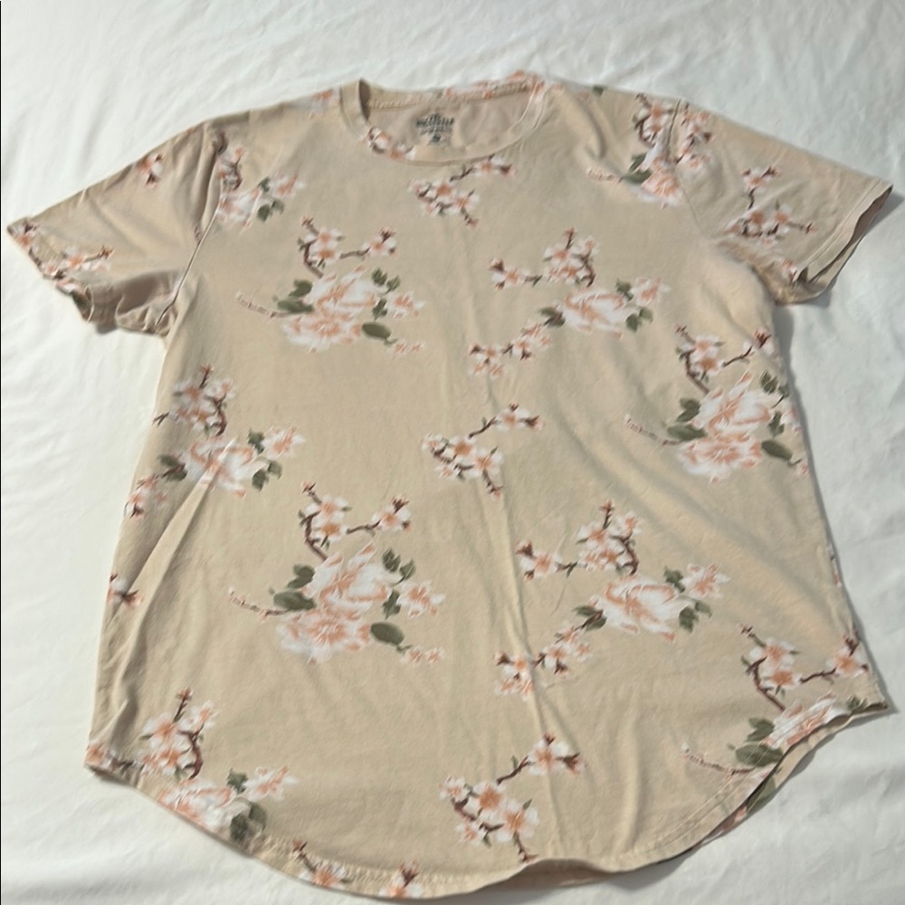 Tan and Pink Short Sleeve Tee with Floral Design
